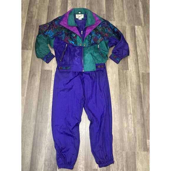 Vintage 80s Windbreaker Track Wind Suit Womens 90s Nylon Size S Purple Green - Picture 1 of 15